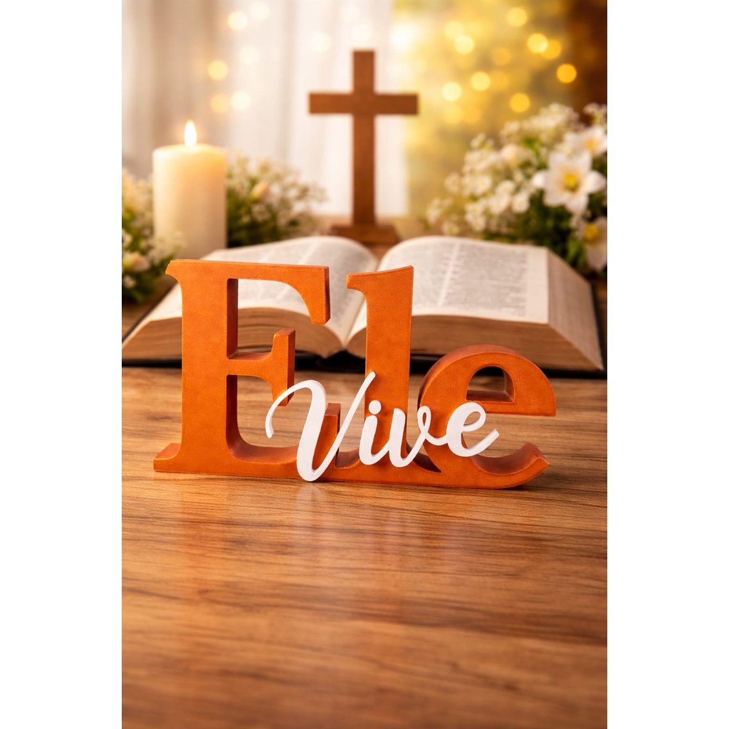 Escultura Decorativa Letreiro Ele Vive Religiosa Fé Cristã Design Moderno Estatueta Mesa Sala