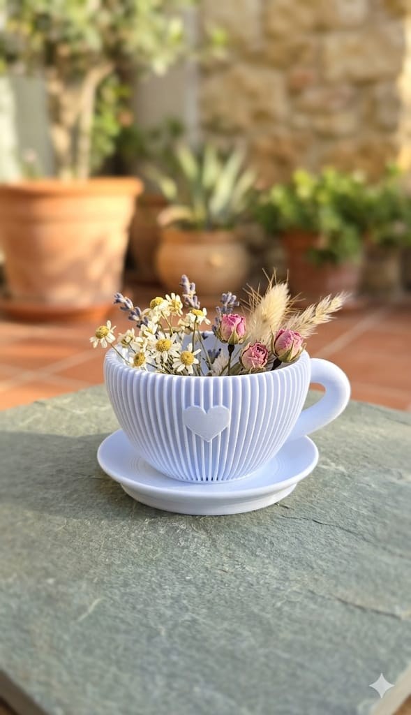 Vaso Decorativo Xícara Coração Moderno Design Minimalista Cachepot 3D Mesa Sala Quarto